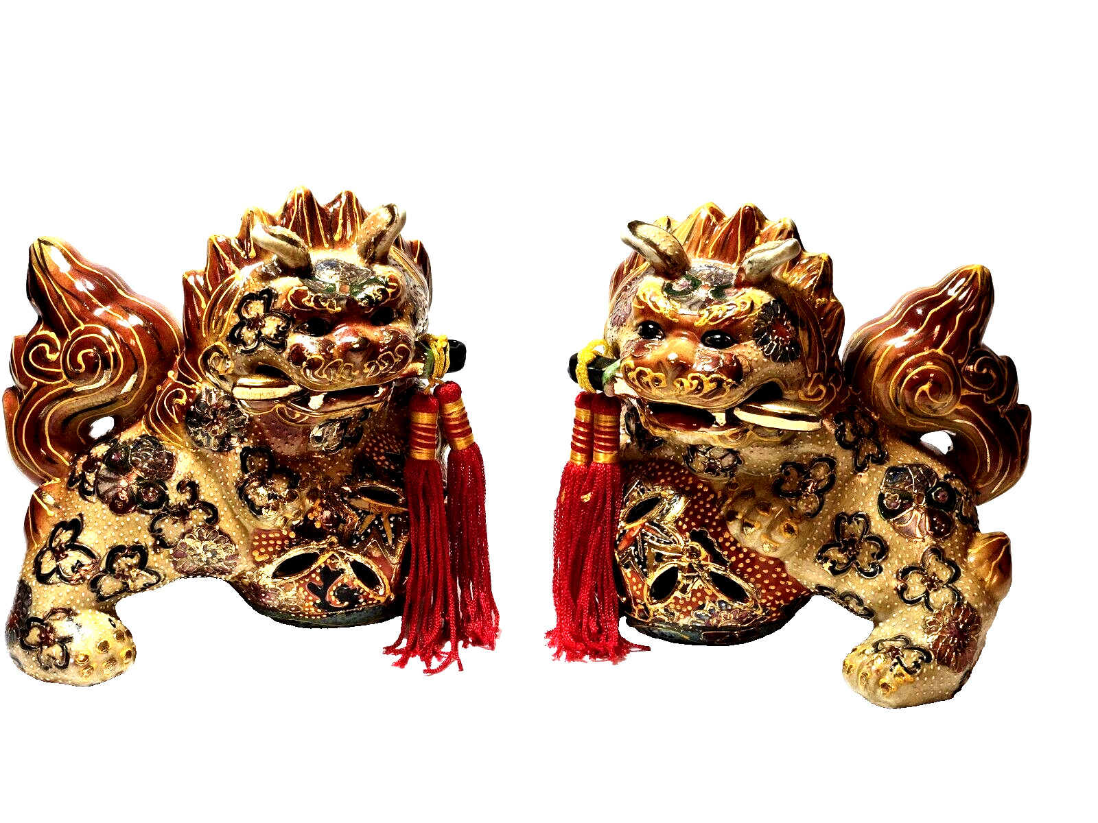 Pair of VTG Japanese Kutani Temple Foo Dogs/Lions Guardians 7” Tall 6” Wide