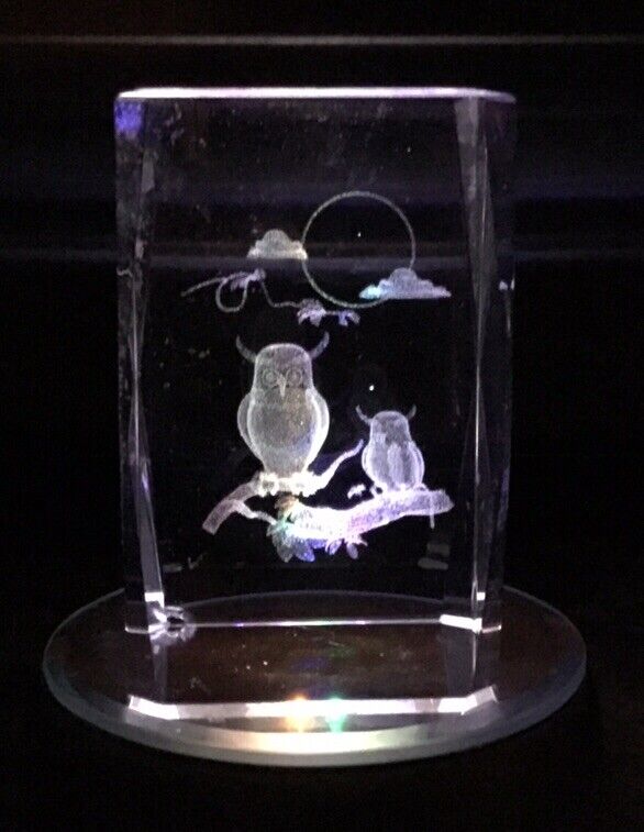 Bevelled Edge Glass 3D Laser Block Paperweight Owl 
