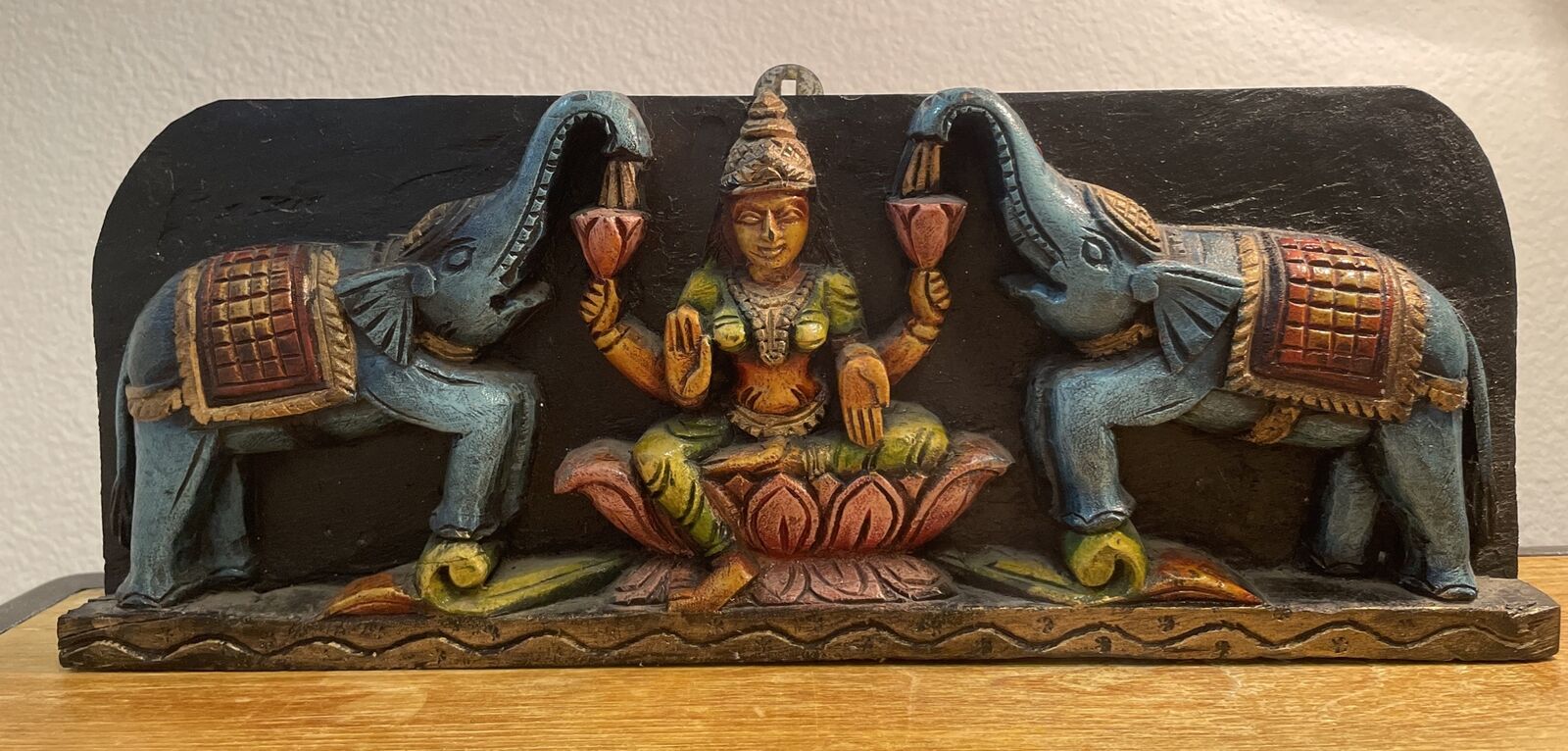 Hindu Goddess Lakshmi with two Elephants Temple Art Work India Wooden Panel