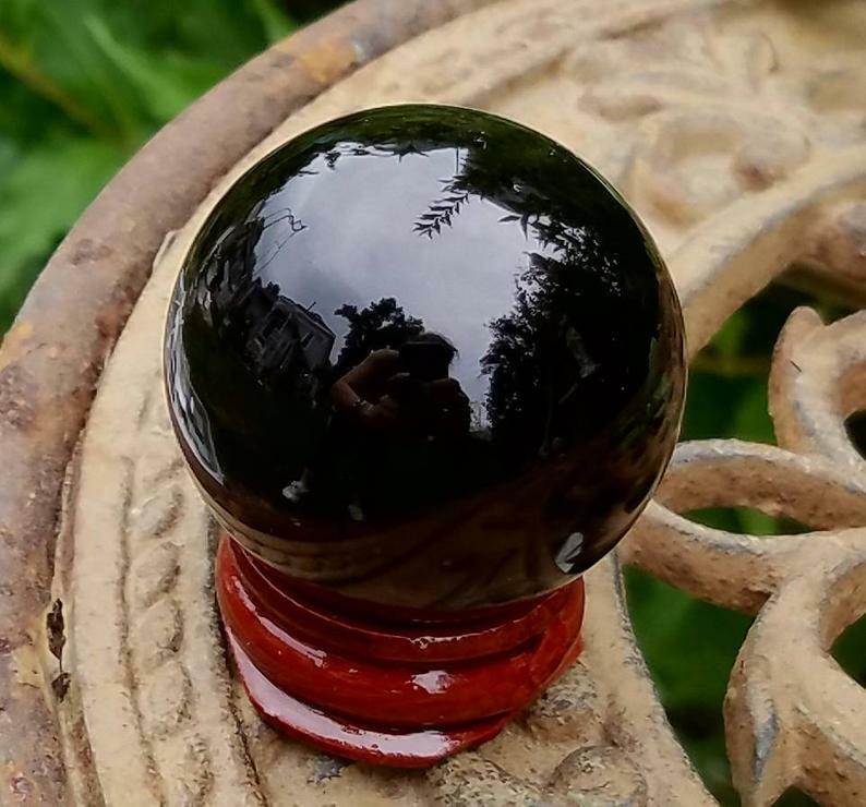Black Glass Crystal Ball Wood Stand 40mm Divination Gazing Sphere Scrying Orb