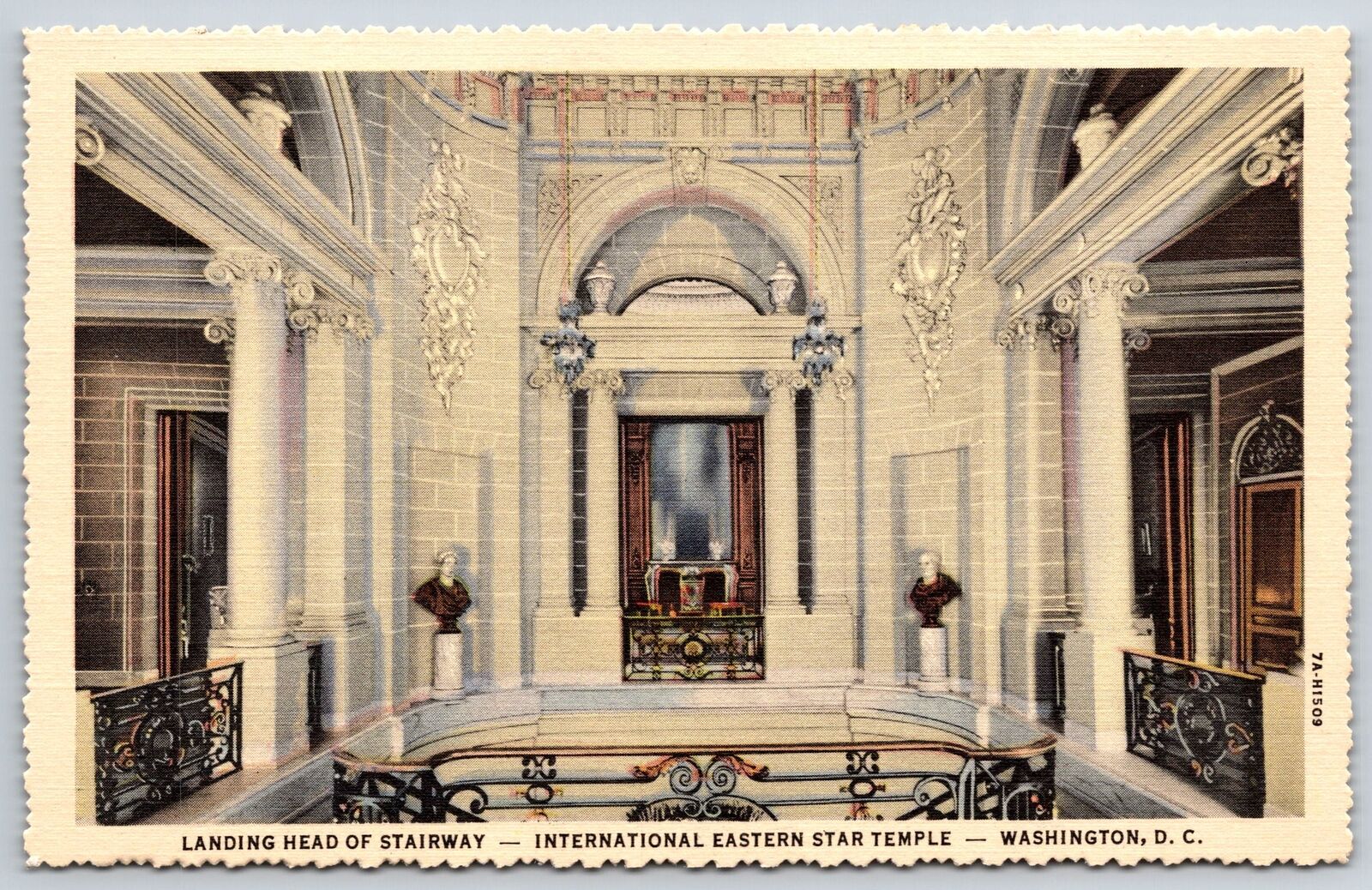 Washington DC~Eastern Star Temple Interior~Stairway Landing Head~1937 Linen PC