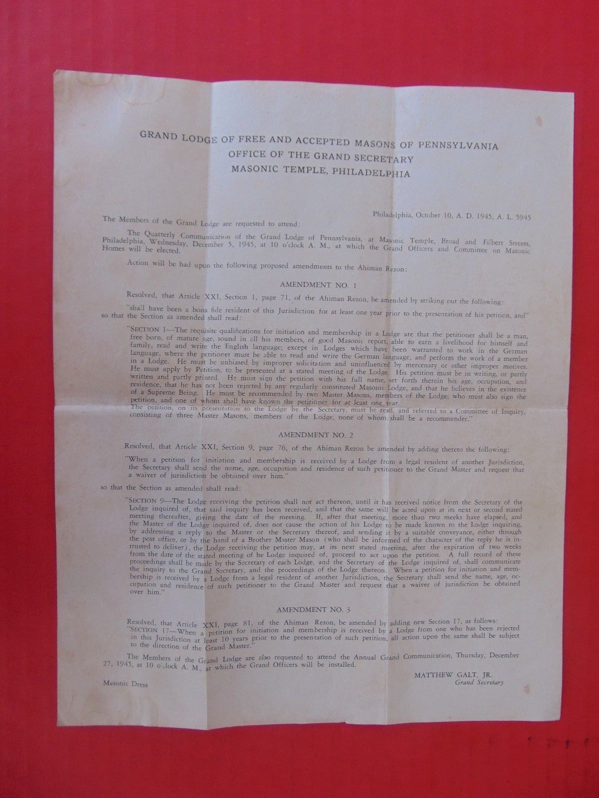 GRAND LODGE MASONIC TEMPLE 1945 Letter Attend Meeting Free Masons Pennsylvania