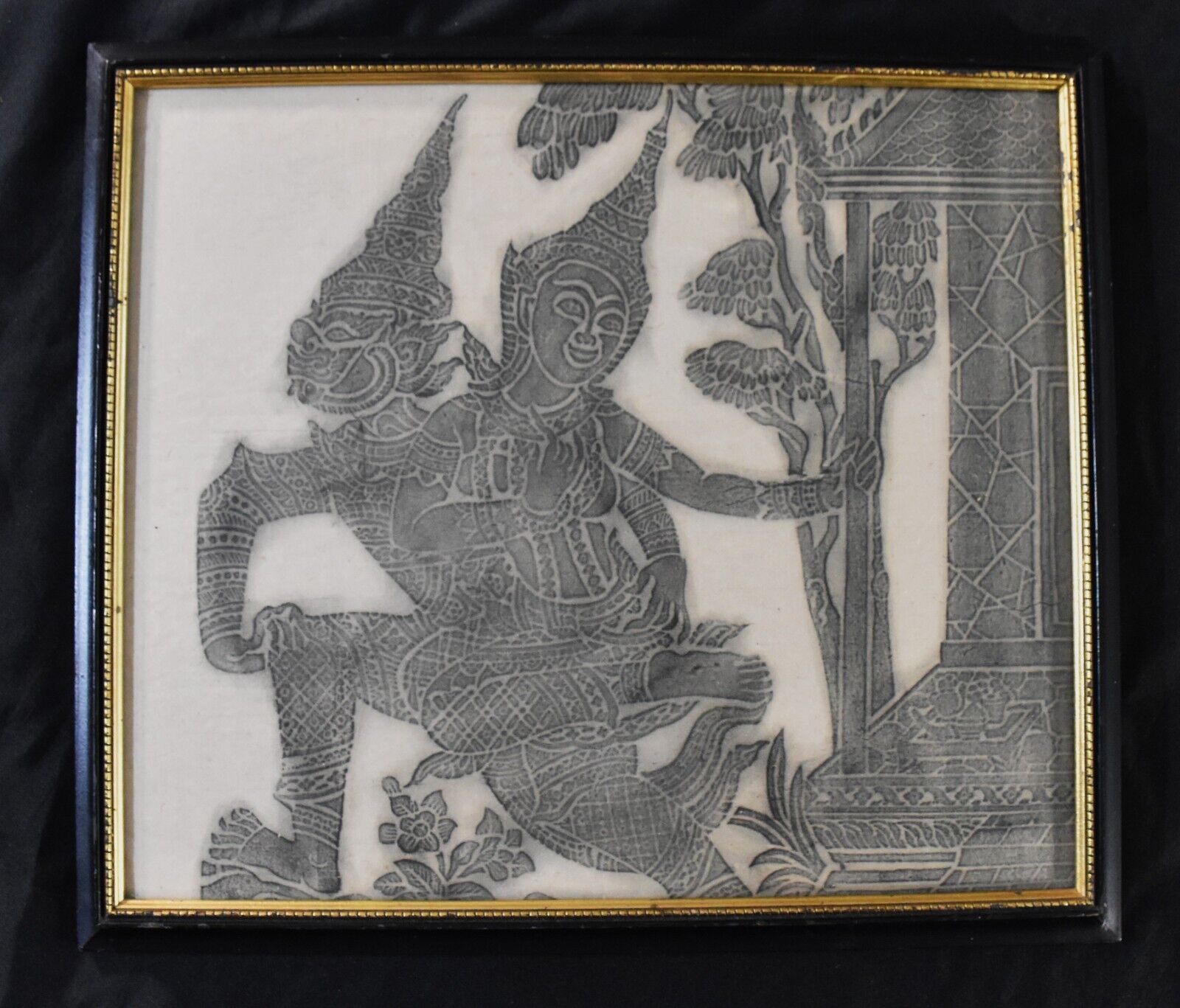 Vtg. Thai Temple Art Charcoal Rubbing rice paper 1960’s 17.5”x20.5” Wood framed