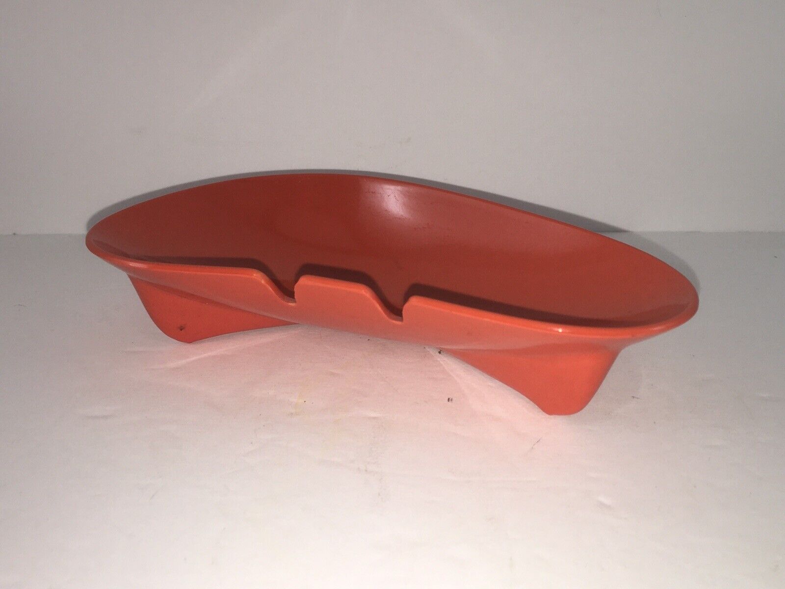 Vintage MCM Orange Plastic Boomerang Ashtray 6 1/2” Long Styled By Kaye LaMoyer?