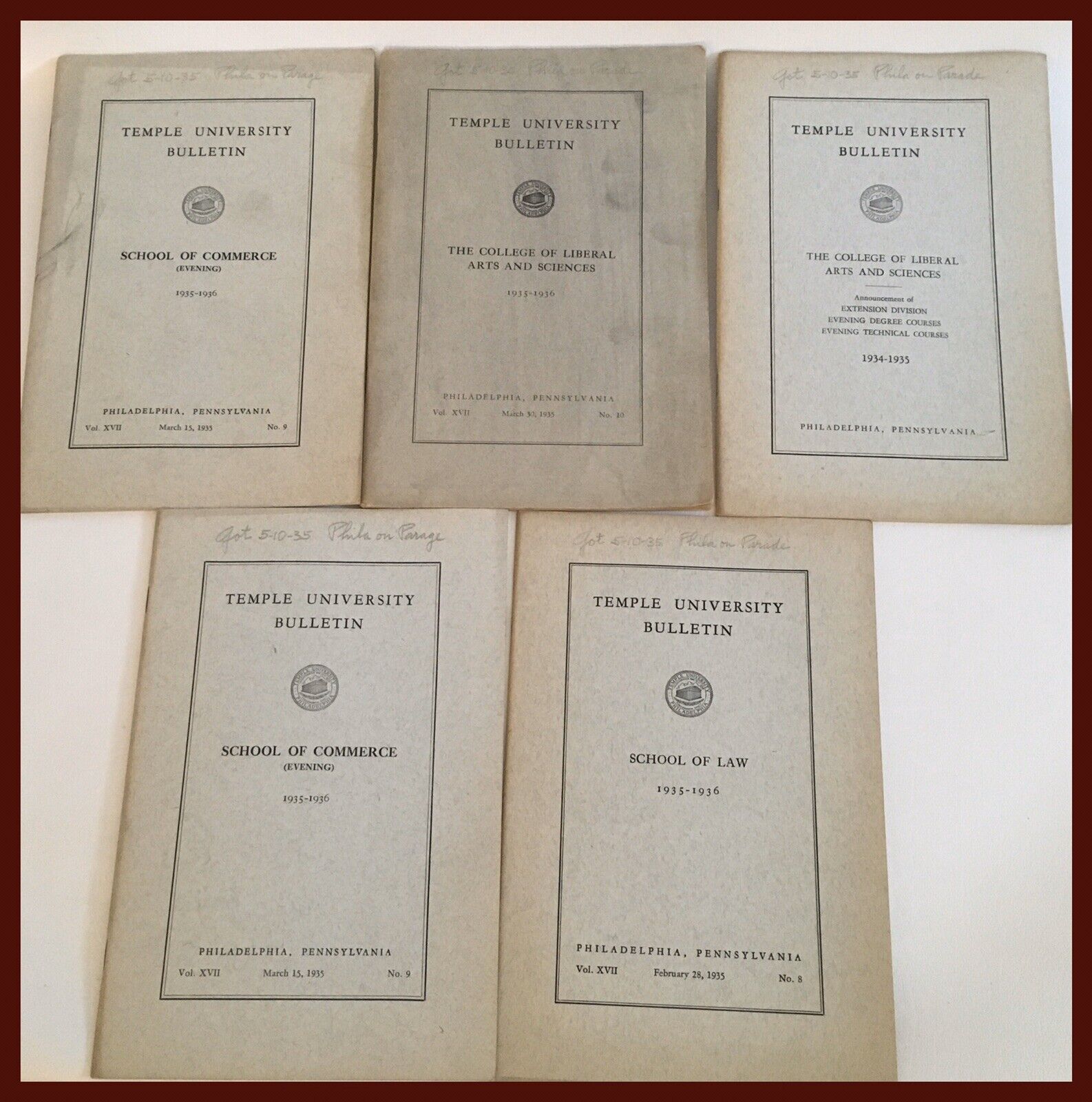 Vintage TEMPLE UNIVERSITY Bulletins - Lot Of 5 - Year 1935 - RARE Find