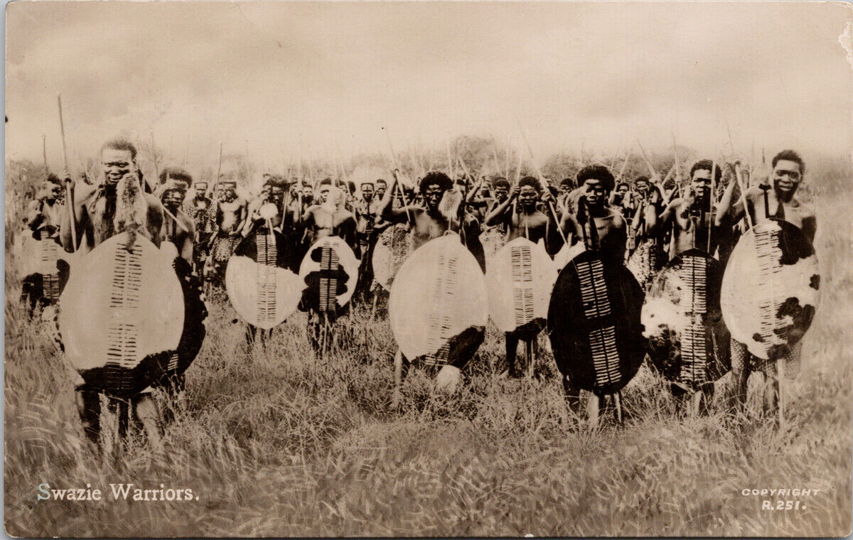 Swazie Warriors Young Men Spears Shields Africa Red Photo Postcard E56