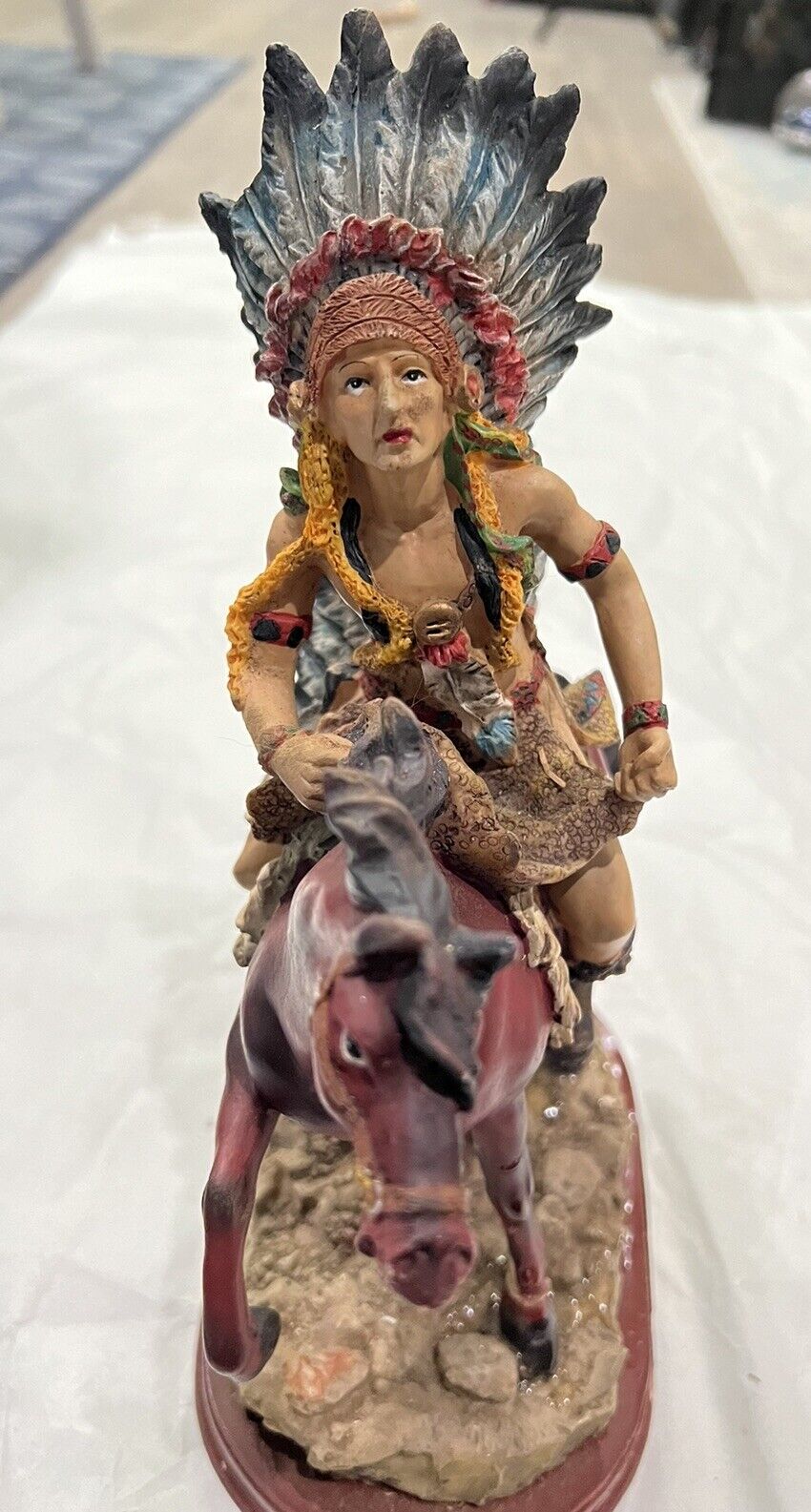 Indian Chief Warrior War Chef On Red Horse Resin Statue Figurine 11”H