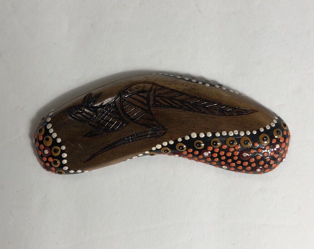 Australia Bunabiri Hand Painted Kangaroo Wooden Boomerang 4” Aboriginal Art