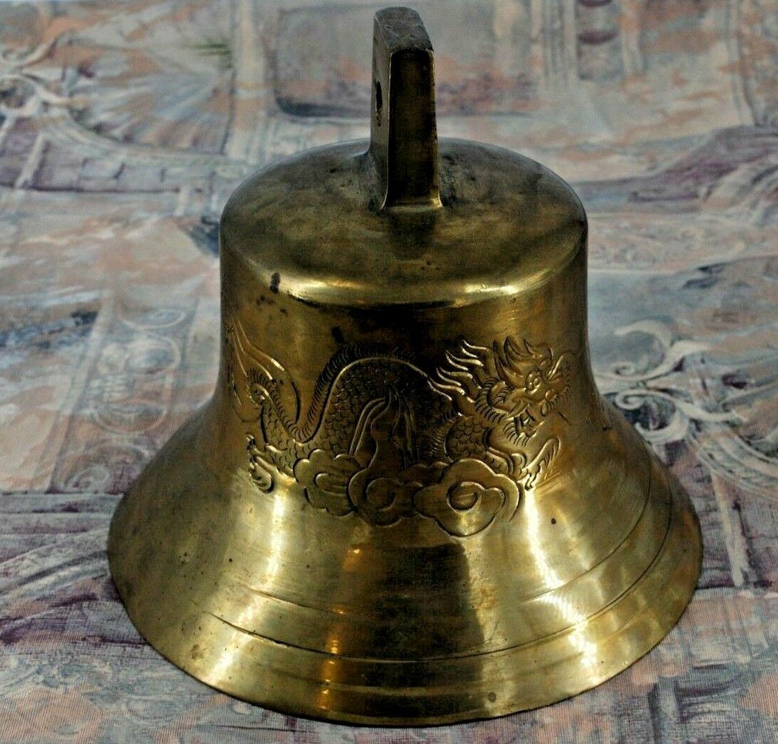 Large Heavy Brass Bell W/Chinese Dragons (Ship, Nautical, School, Temple) 6+ LBS