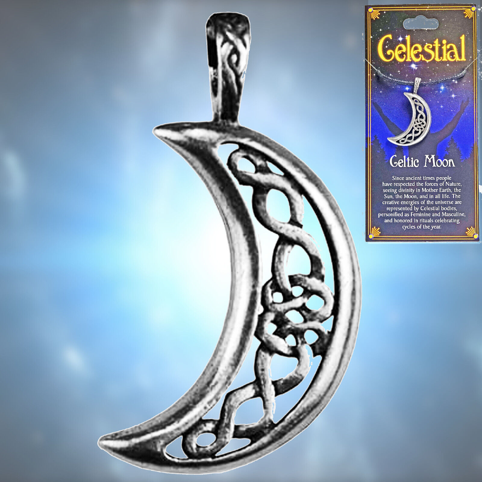 Celestial Crescent CELTIC MOON Goddess Wicca Magick Amulet+Card Necklace Pendant