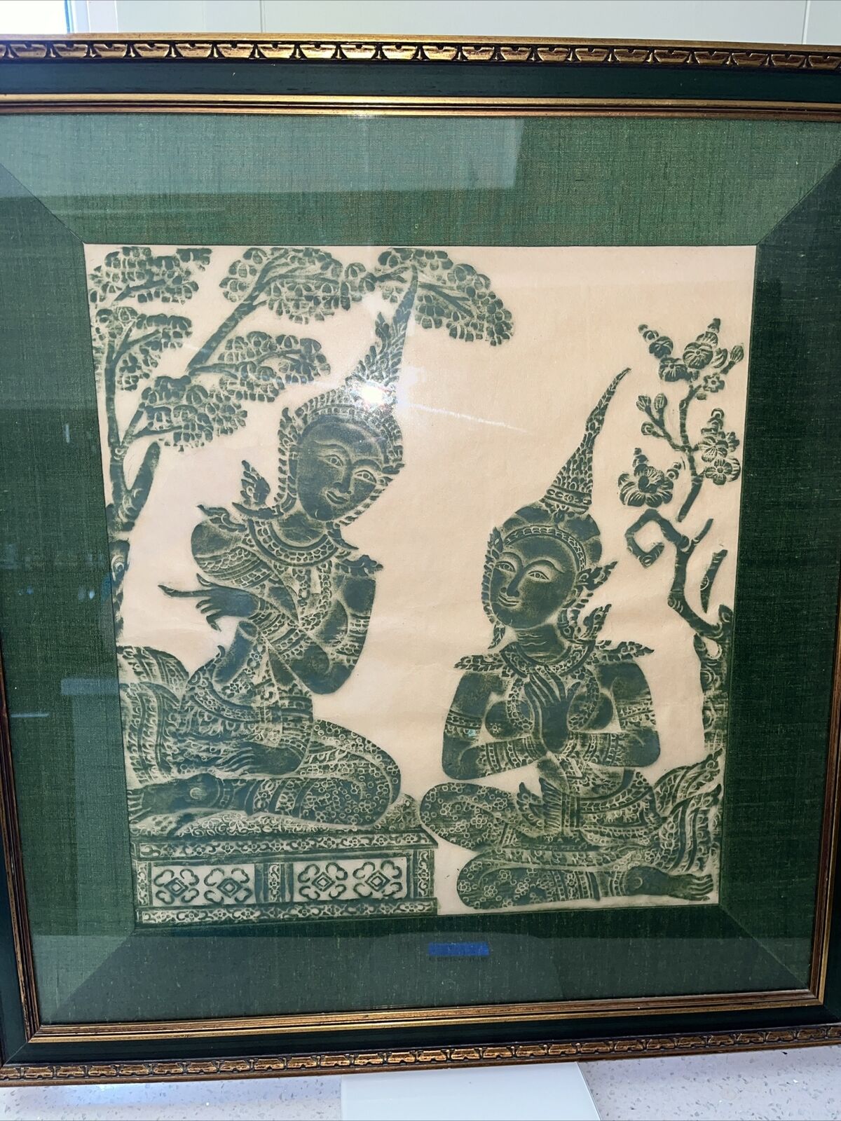 1970’s Thai Temple Rice Paper Green Charcoal  Art Story Telling Silk Frame Glass
