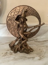 Witch On Broom Celtic Moon Pagan Resin Figurine Statue Halloween Decor picture