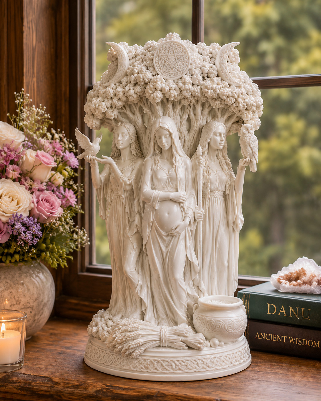 Celtic Goddess Danu Sculpture – Ancient Wisdom Triple Moon Resin Home Decor