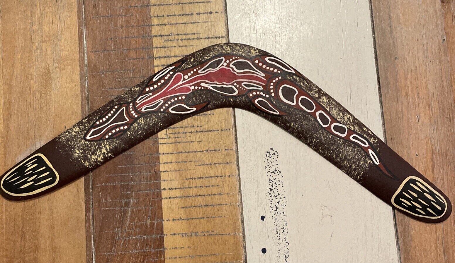 Wooden Hand Painted Boomerang Alligator Design