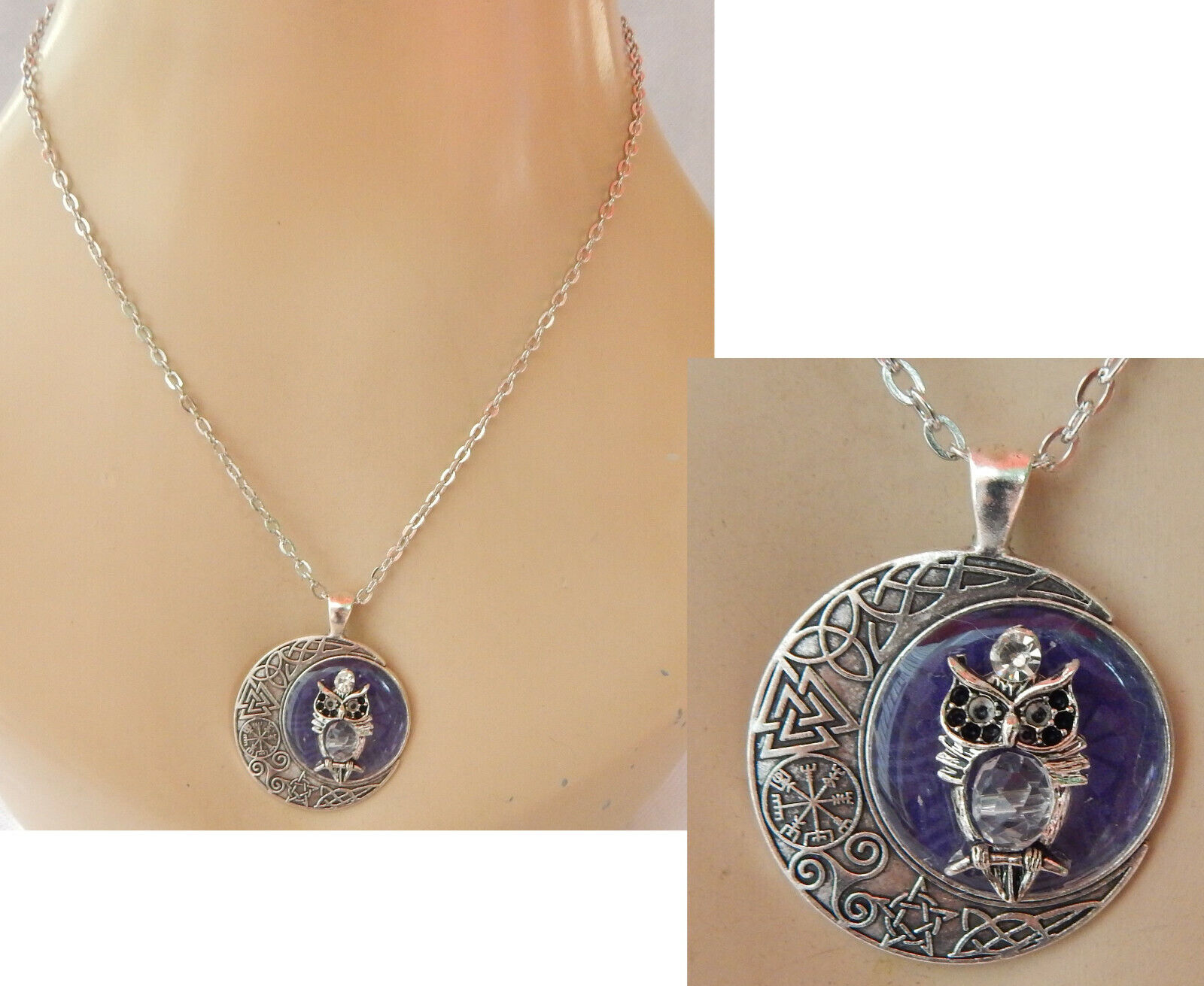 Necklace Owl Pendant Moon Silver Jewelry Handmade Women Fashion Chain Celtic
