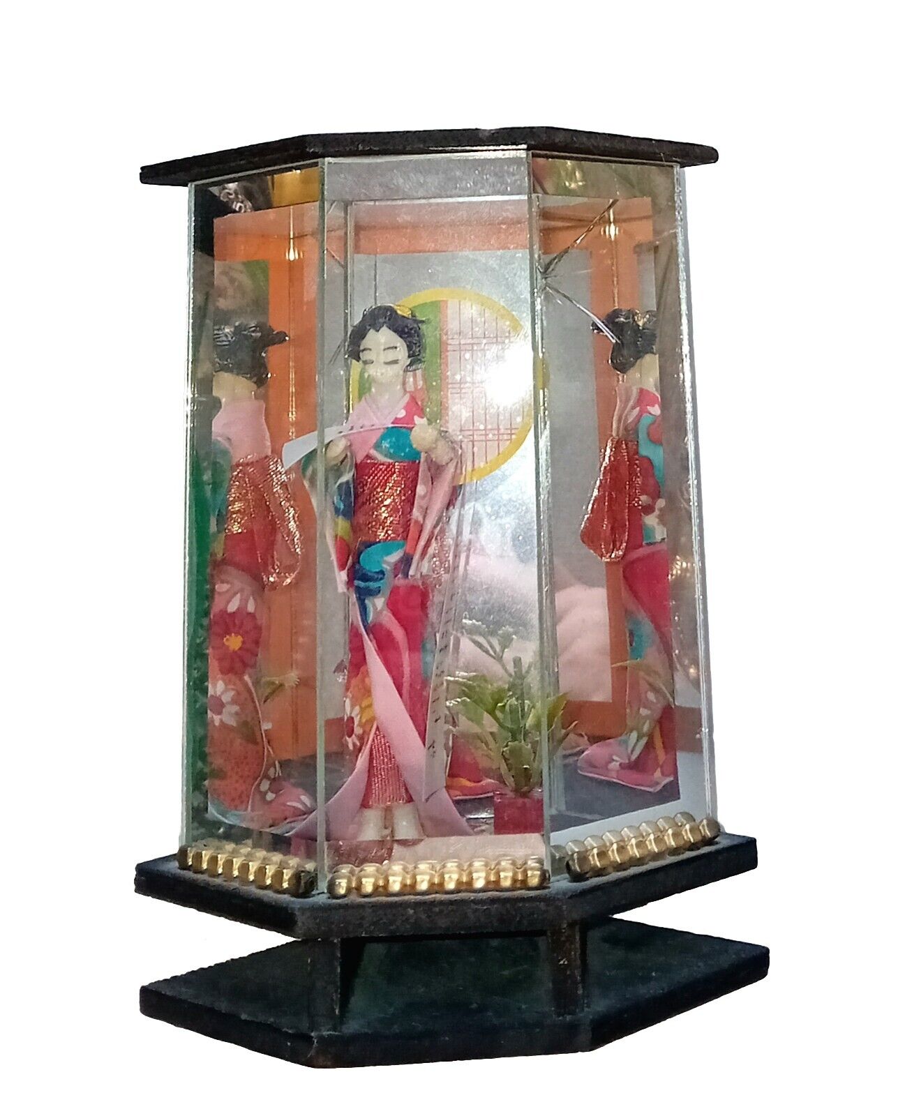 Small Geisha In Mirrored Glass Case Vintage Japan Temple 