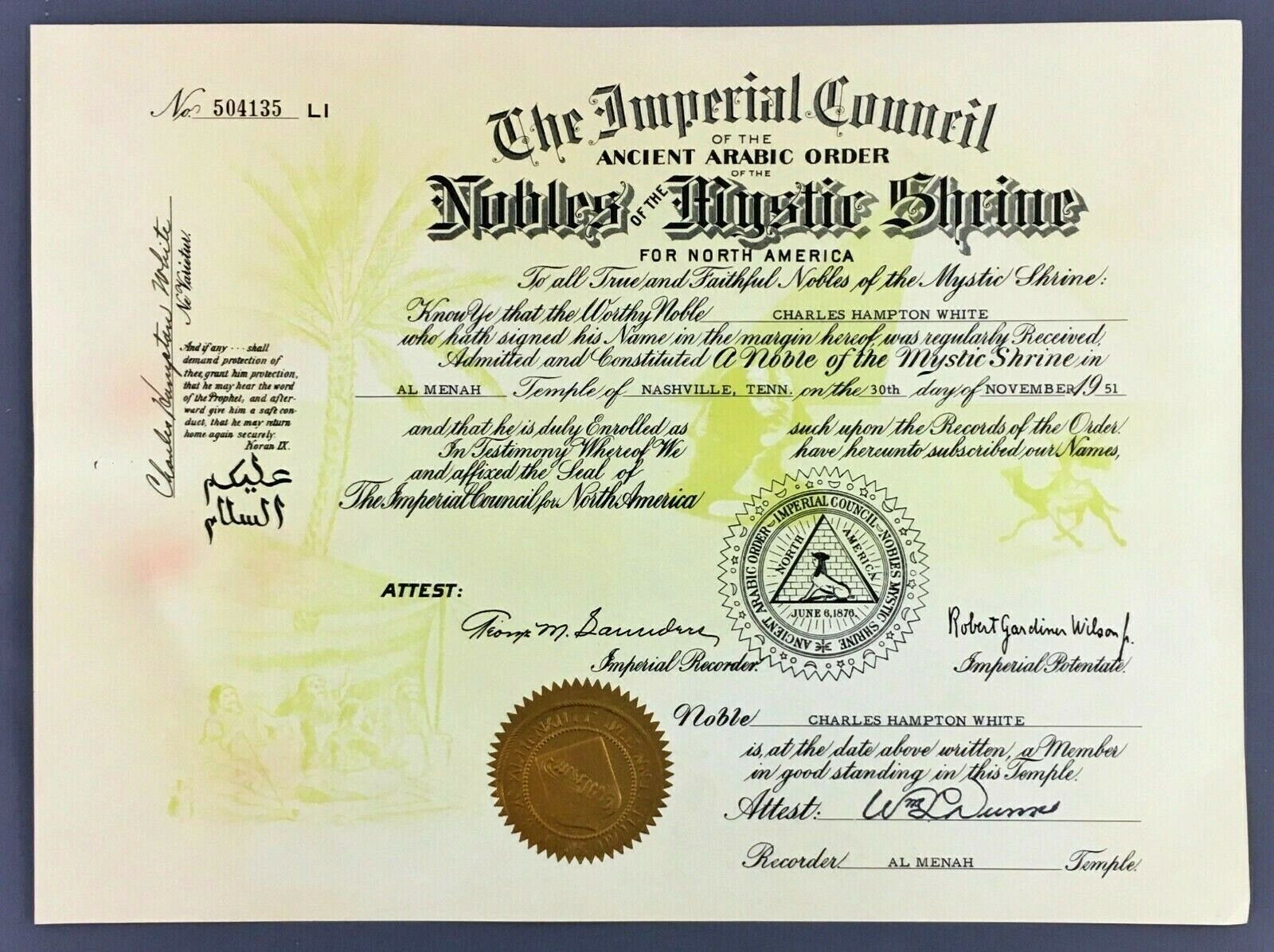 1951 Al Menah Temple Nashville TN Nobles Mystic Membership Certificate Shriner 