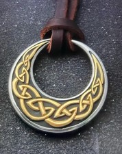 Celtic Crescent Moon Knot Pendant Necklace, Gold & Silver Tone with Leather Cord picture