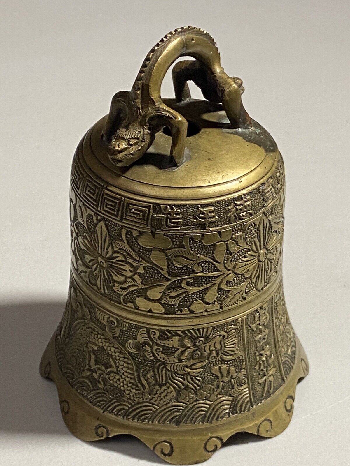 Vintage Brass Bronze Chinese Asian Dragon Serpent & Foral 5” Temple Gong Bell