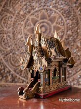 Thai Spirit House Teak Wood Handcraft Buddhist Temple Replica Glass Mosaic picture