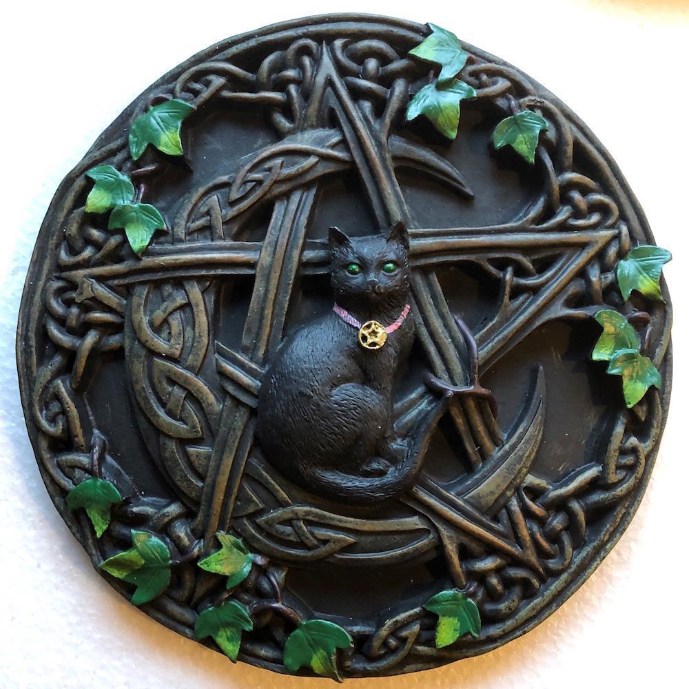 Black Cat on Celtic Moon with Ivy and Pentragram Wall Hanging Plaque