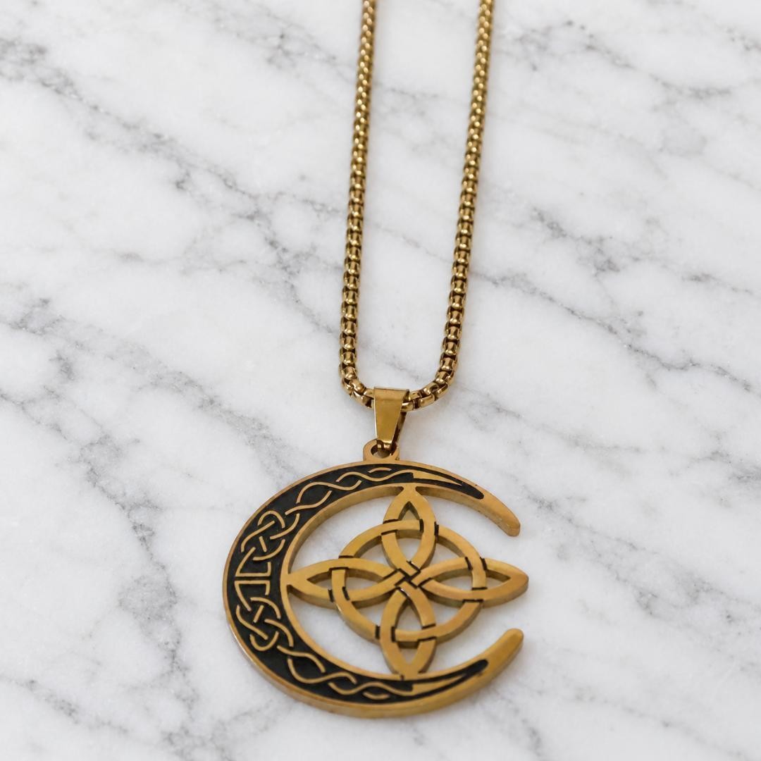 Celtic Crescent Moon Witch Knot Necklace 60cm Gold Stainless Steel Vintage Styl