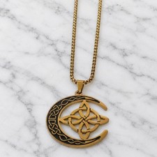 Celtic Crescent Moon Witch Knot Necklace 60cm Gold Stainless Steel Vintage Styl picture