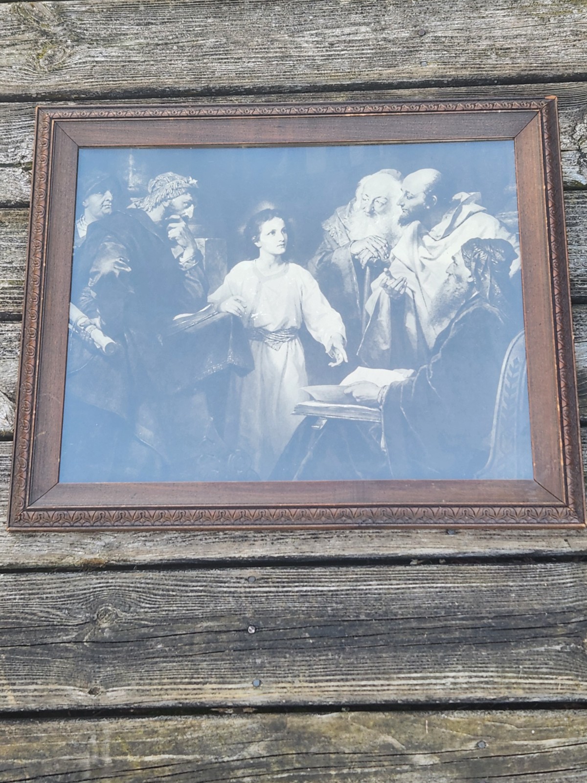 Jesus In Temple Print Wood Frame Hofmann Vintage Antique 19.5x23.5