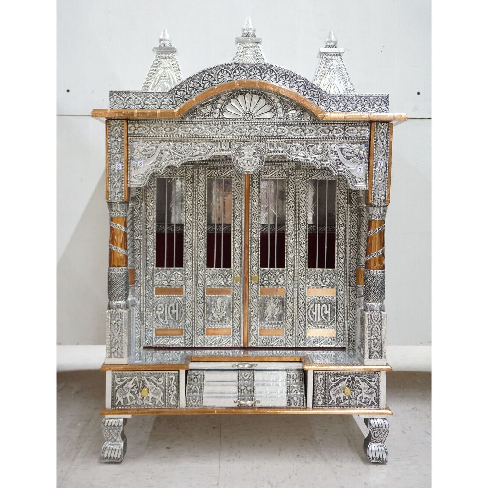 Oxidized Plated Temple for Home Pooja Mandir Indian Traditional Wooden Puja Ghar