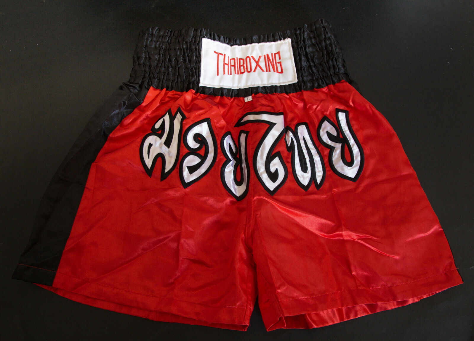 Thai Kick Boxing Black-Red-White Satin Shorts Pants Size (L) Large 
