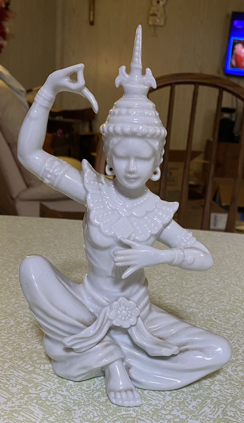 Thai Dancing Temple Goddess Statue Vintage BLANC DE CHINE White PORCELAIN