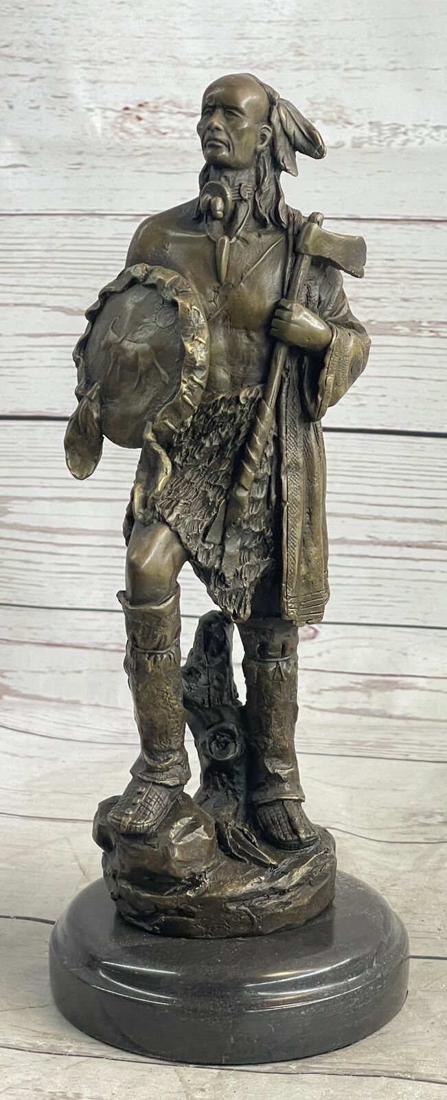 Native American Warrior w/ Tomahawk Bronze Sculpture Statue on Marble Base