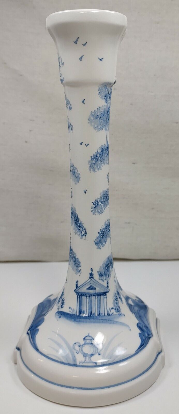 Porcelain Blue And White Temple With Natures Decorative Candlestick Holder Vtg