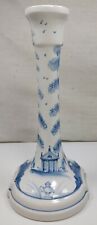 Porcelain Blue And White Temple With Natures Decorative Candlestick Holder Vtg picture
