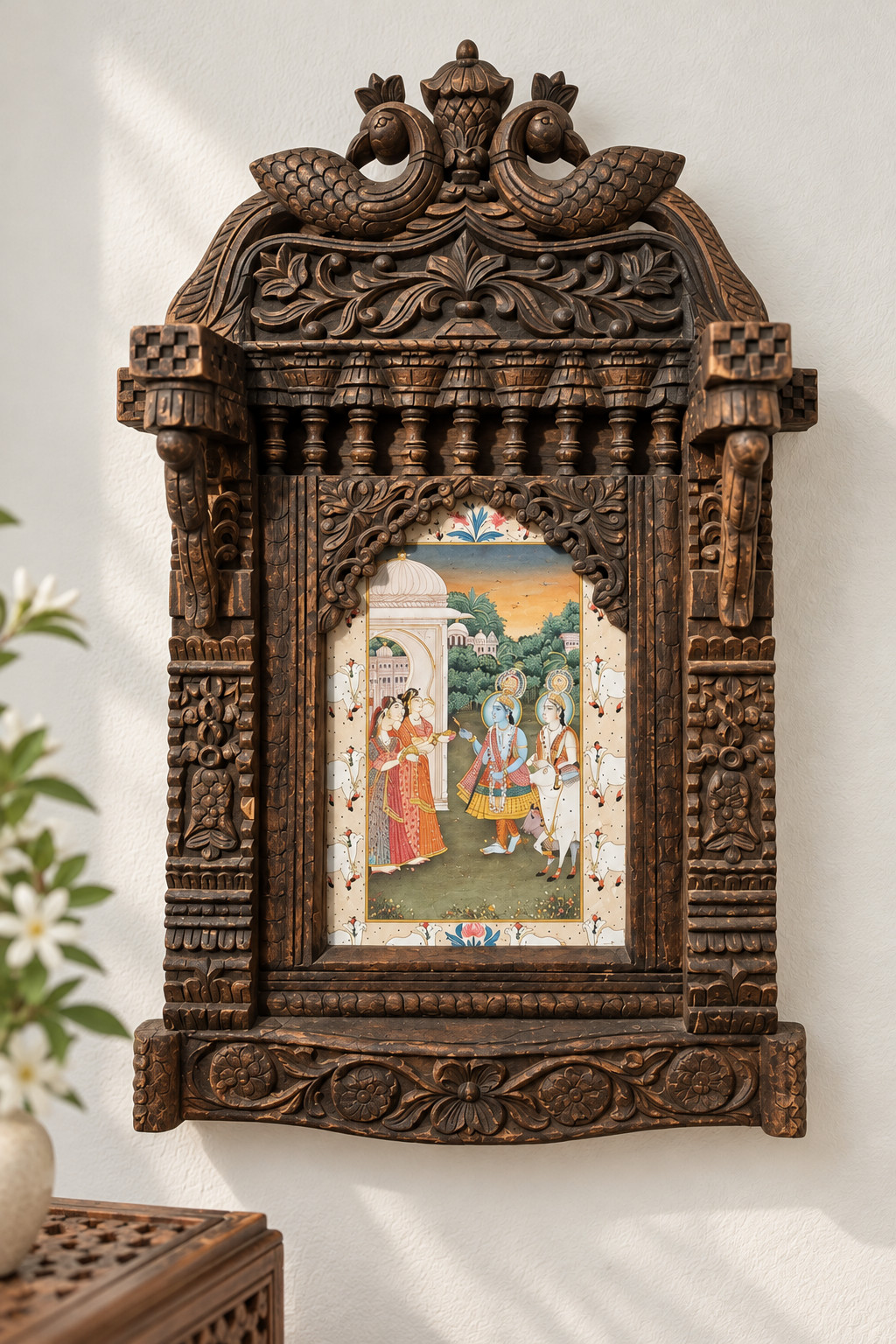 Vintage Indian Krishna Balaram Gopis Ornate Hand Carved Wood Temple Wall Panel Vintage Indian Krishna Balaram Gopis Ornate Hand Carved Wood Temple Wall Panel