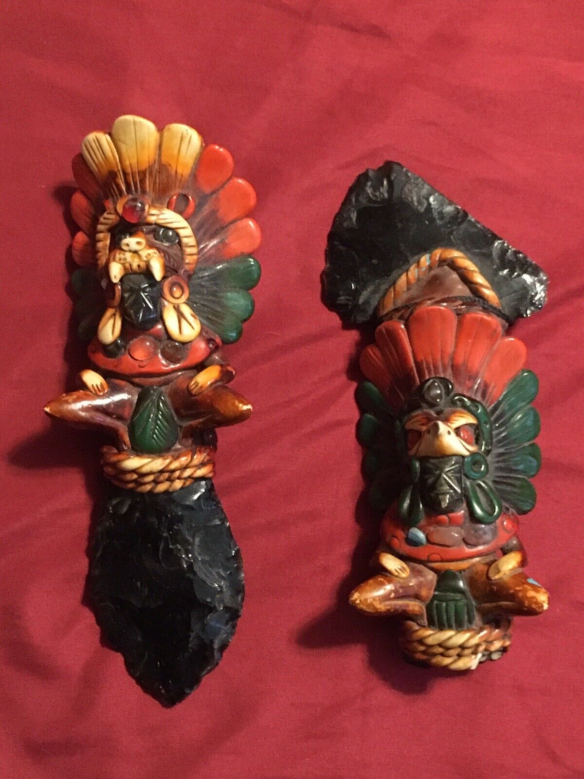 VintageMexican Aztec Warrior Deity Obsidian Sacrifical Axe & Knife Set
