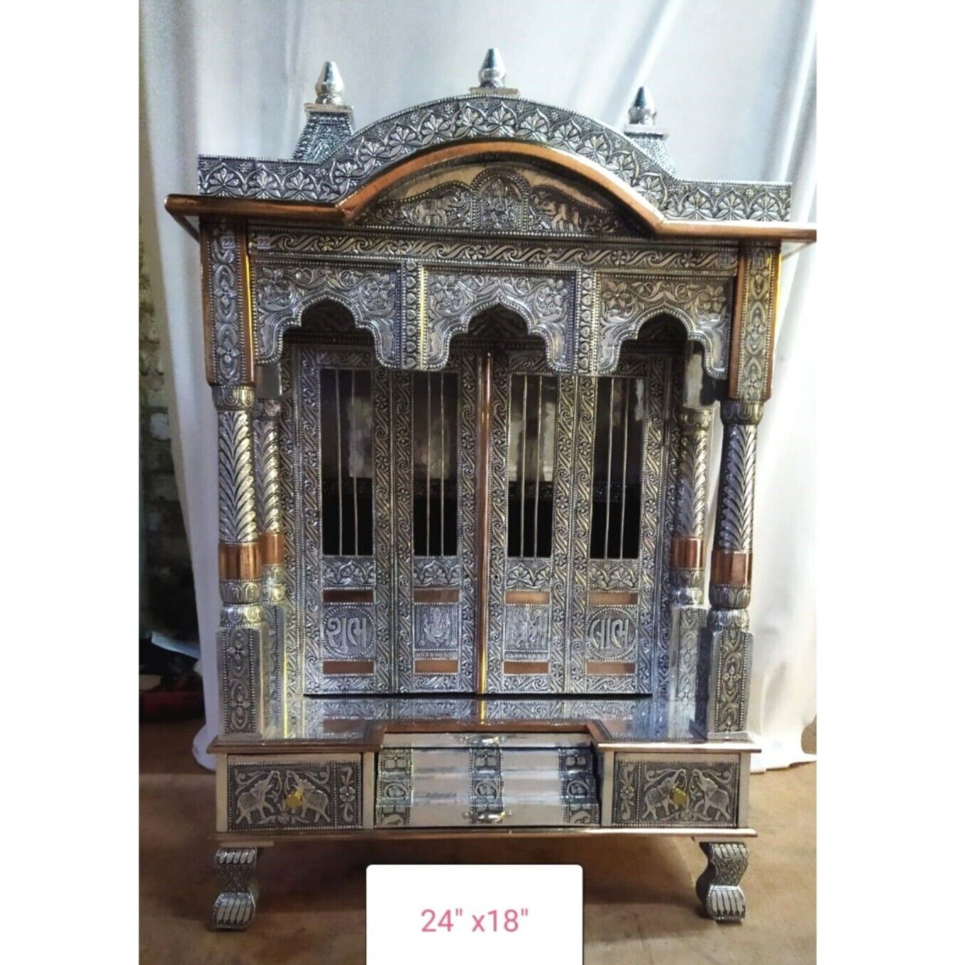 Oxidized Temple for Home Puja Mandir with Door Hindu Traditional Puja Ghar Altar