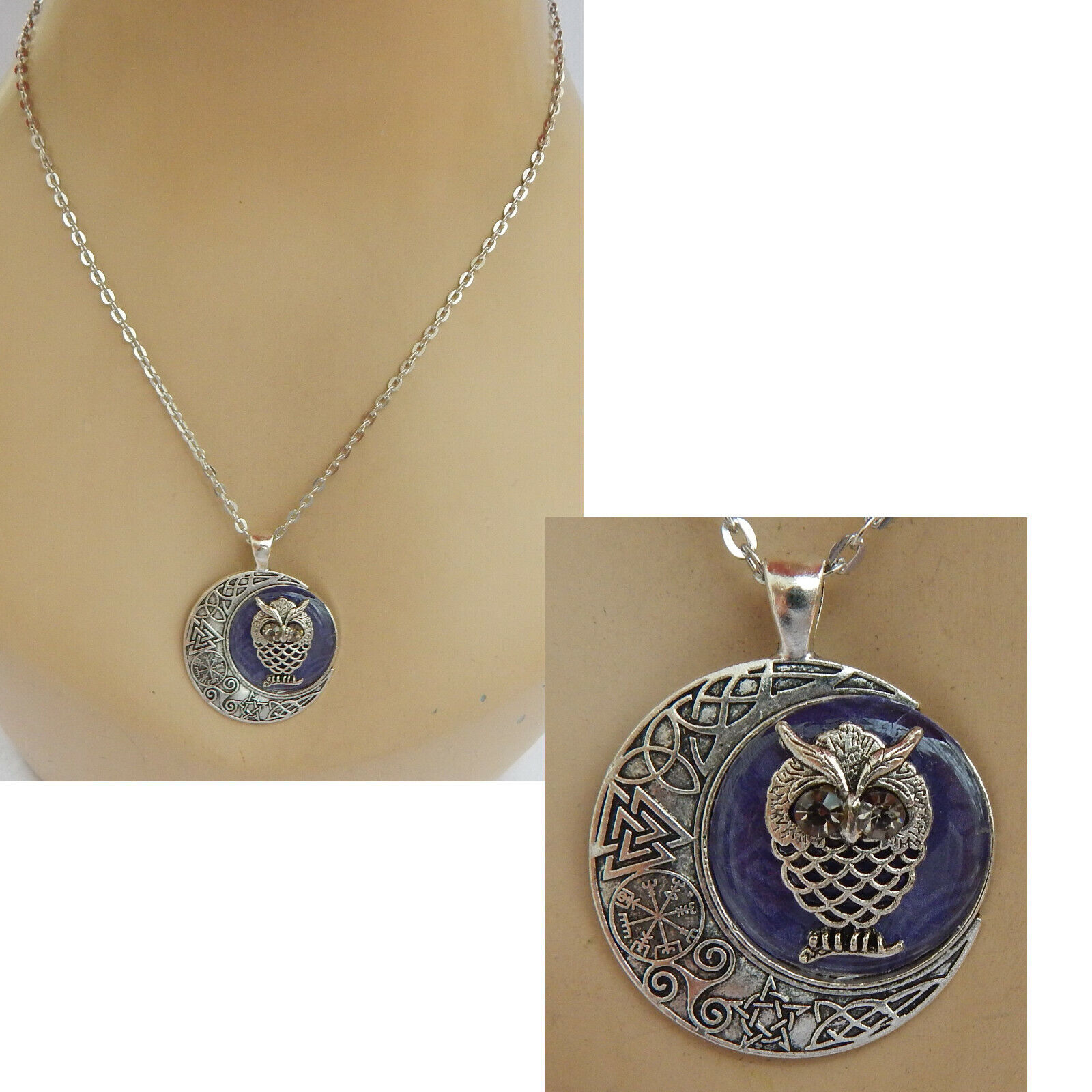 Necklace Owl Pendant Moon Silver Jewelry Handmade Women Fashion Chain Celtic