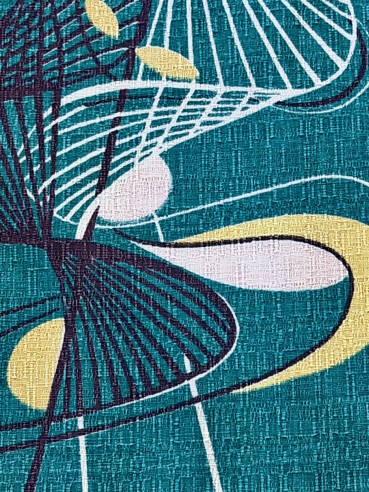 50’s Jetsons Kinetic Abstract Boomerang on Teal Century Barkcloth Vintage Fabric