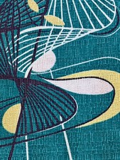 50’s Jetsons Kinetic Abstract Boomerang on Teal Century Barkcloth Vintage Fabric picture