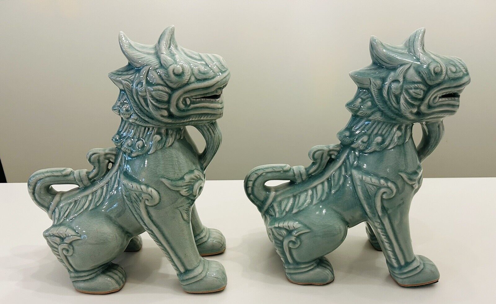 Vintage Pair Asian Temple Lion Foo Dog Celadon Glaze Crackle Finish 12 inch