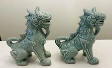 Vintage Pair Asian Temple Lion Foo Dog Celadon Glaze Crackle Finish 12 inch picture