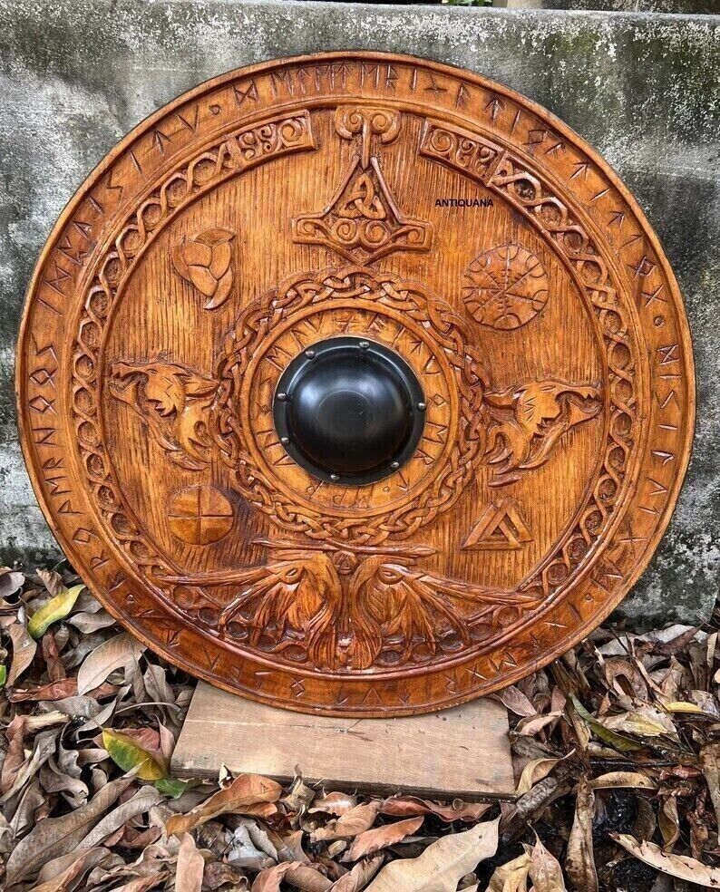 Medieval Wooden Warrior Viking Round Shield Knight Battle Carving Cosplay Wall